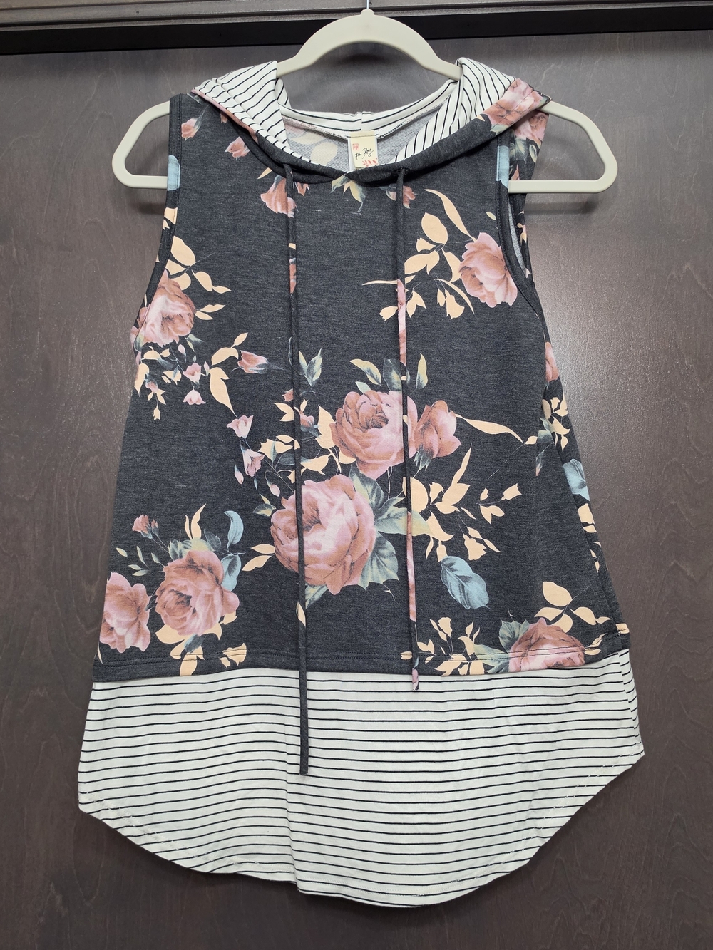 Floral Sleeveless Hooded Tunic - Charcoal with Pink Roses